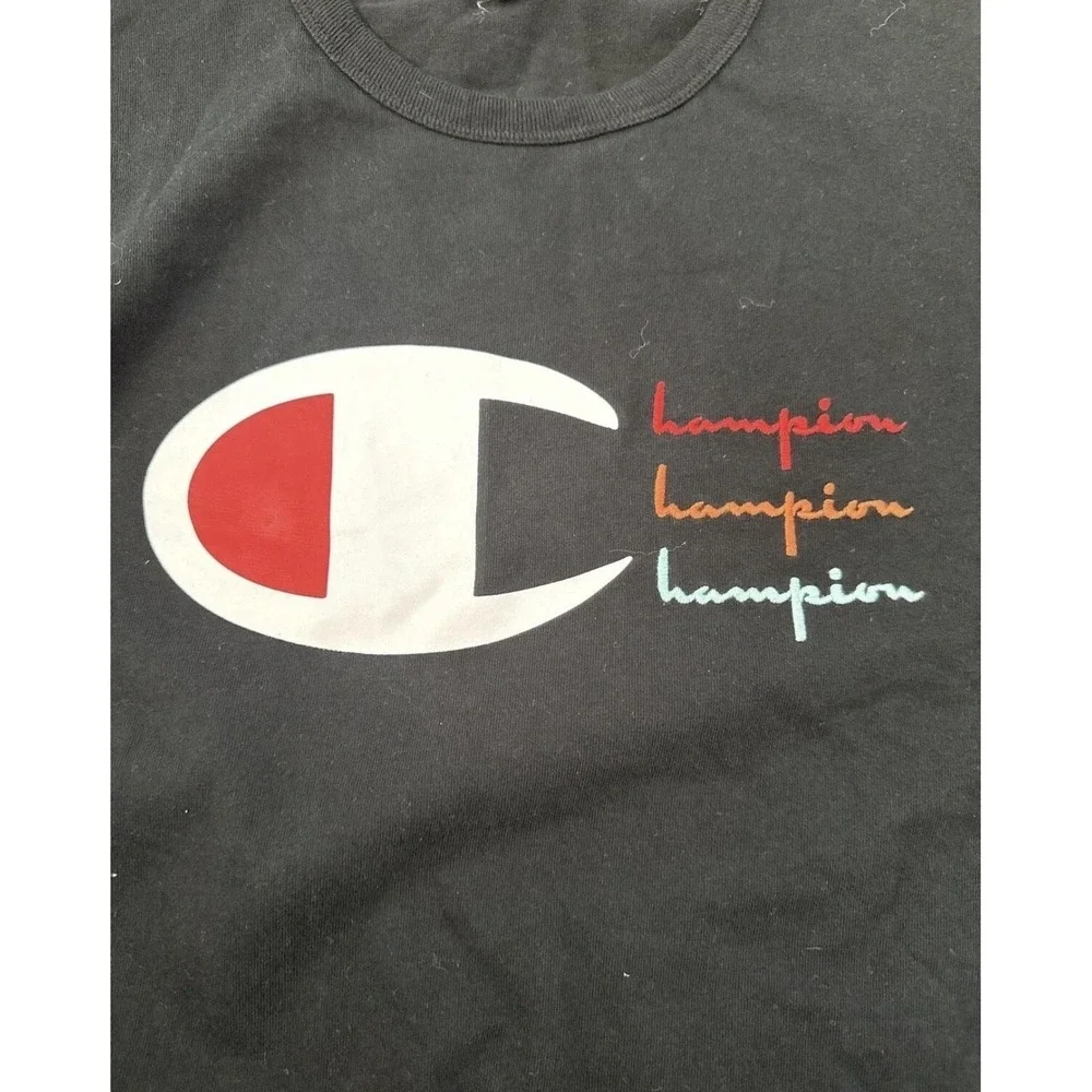 Champion Shirt Mens XL Black Big Logo Script‎ Front Graphic Tee Short Sleeve